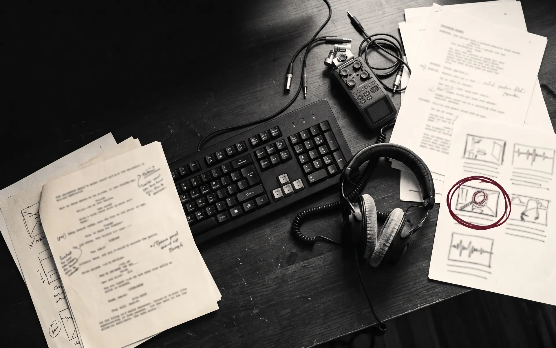 Overhead production desk with script pages, storyboard, headphones, recorder, and a red annotation mark