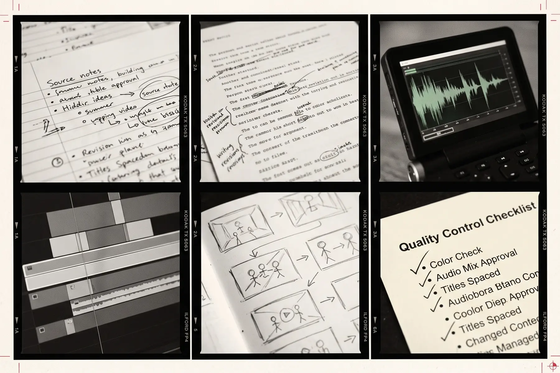 Contact sheet of research notes, script revisions, waveform, editing timeline, storyboards, and quality checklist
